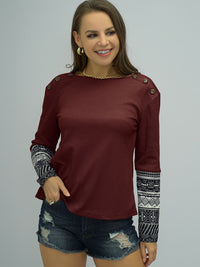 Thumbnail for Buttoned Round Neck Long Printed Sleeve Tee - T - 1 COLOR -