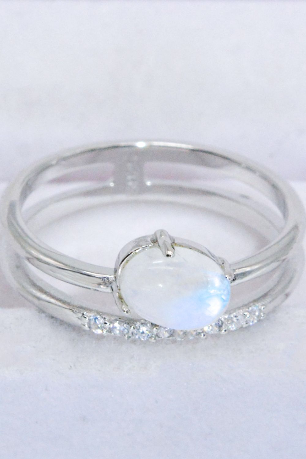 Natural Moonstone and Zircon Double-Layered Ring - T - SIZES 6 THRU 9 - 2 FINISHES -