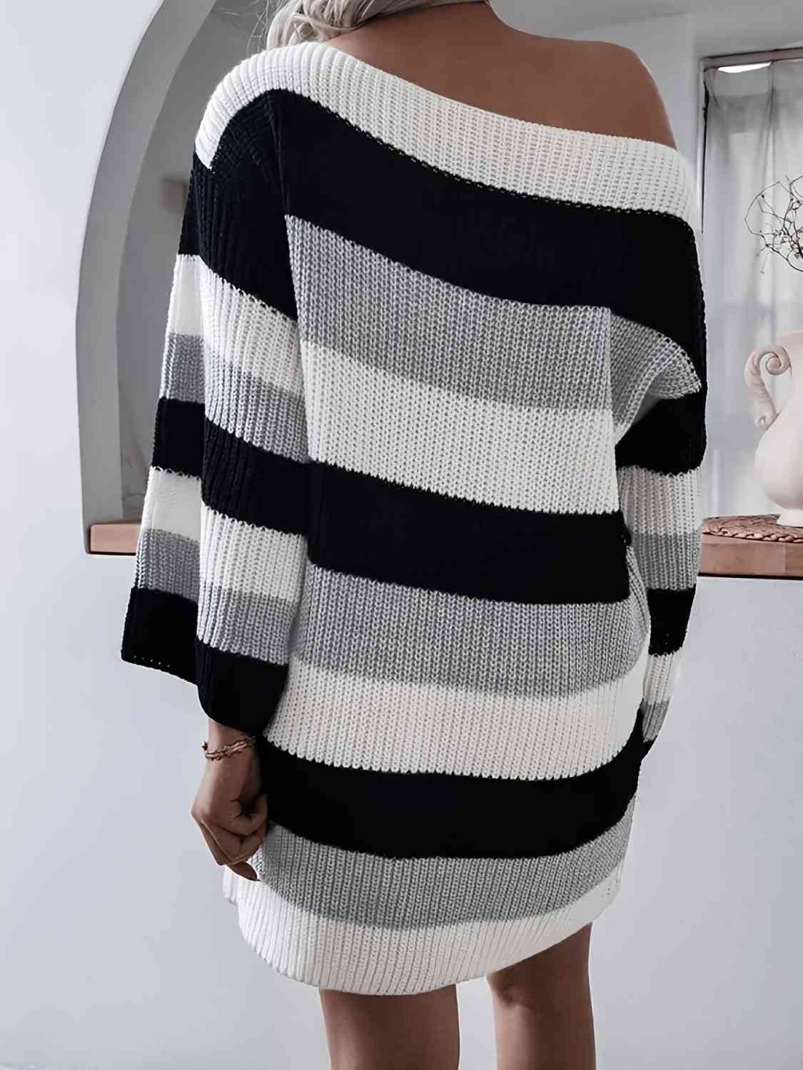 Striped Long Sleeve Mini Sweater Dress - T - 1 COLOR -