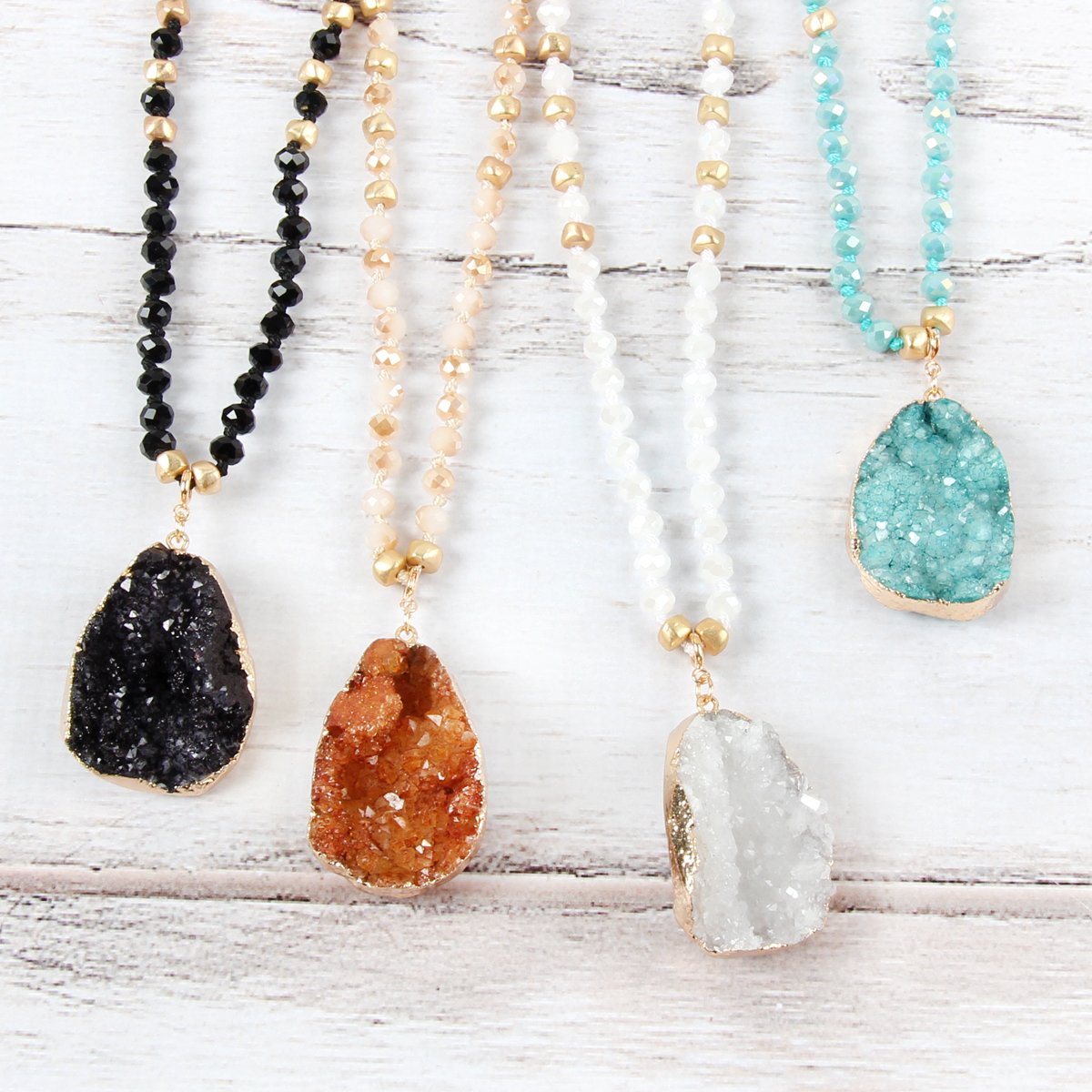 Druzy Stone Pendant Glass Beaded Necklace - 4 COLORS