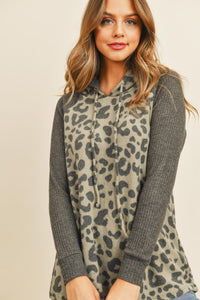 Thumbnail for Riah Fashion - Waffle Sleeve Leopard Drawstring Hoodie - 3 COLORS -