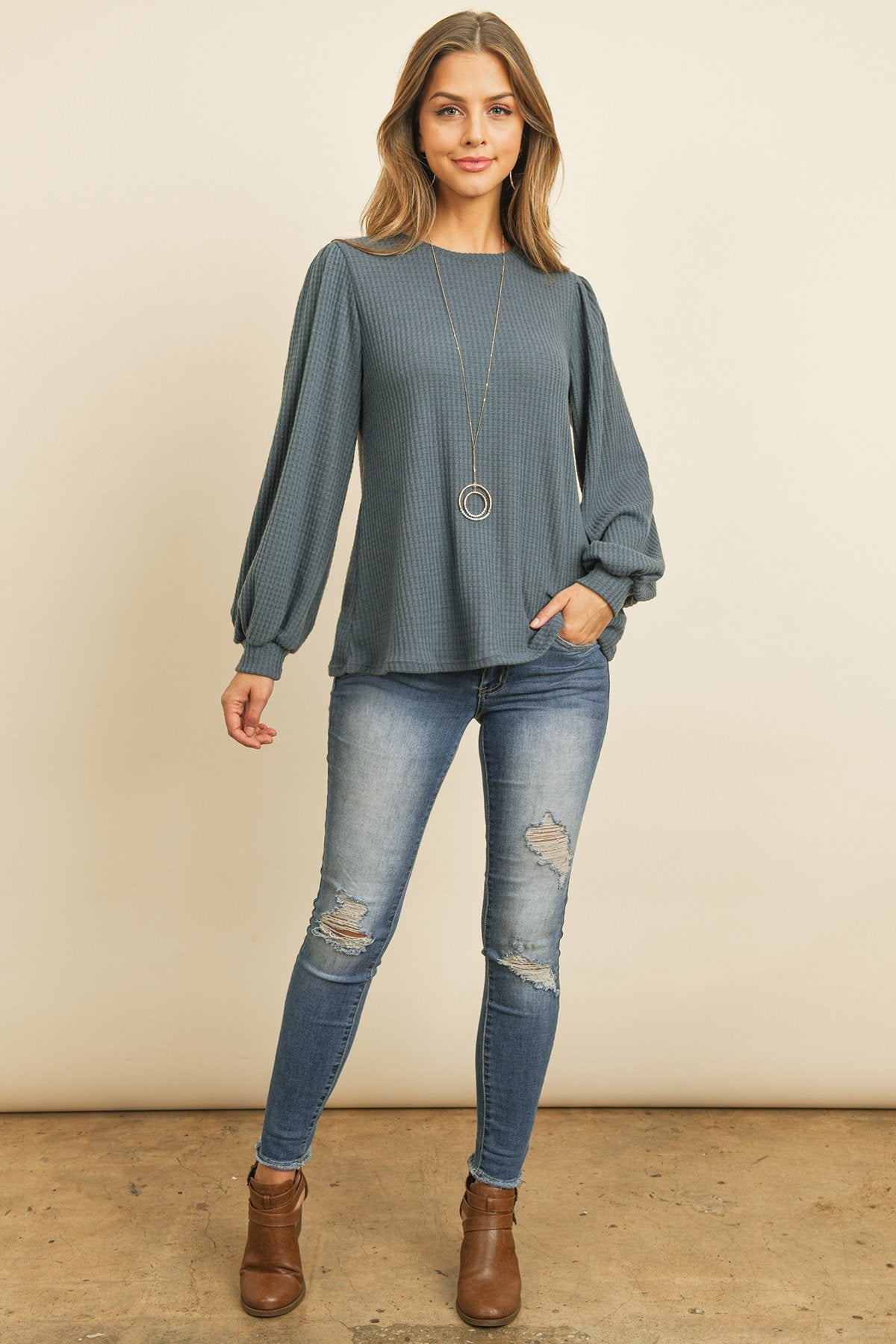 Riah Fashion - Puff Sleeved Waffle Top - 9 COLORS -