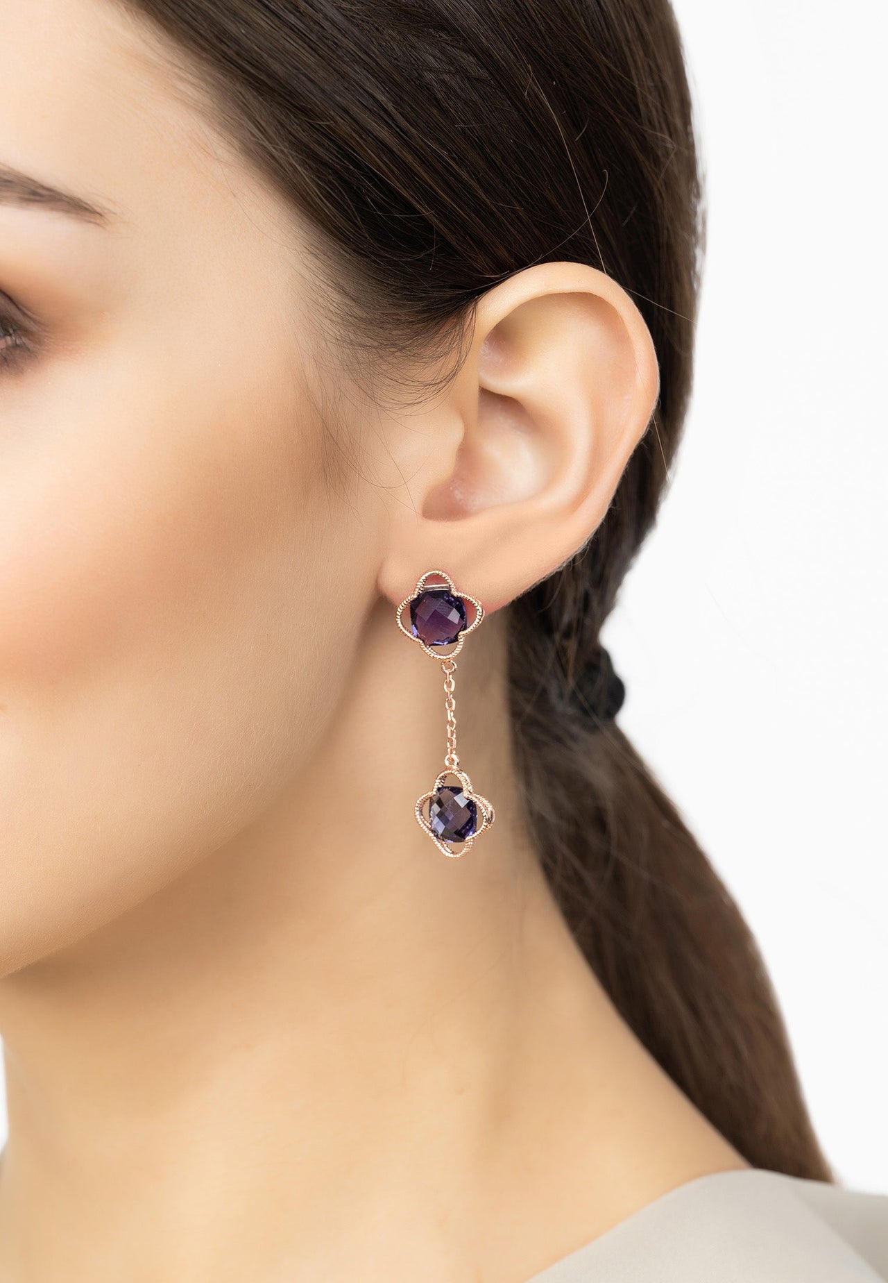 LATELITA - Open Clover Double Drop Earrings Rosegold Amethyst -