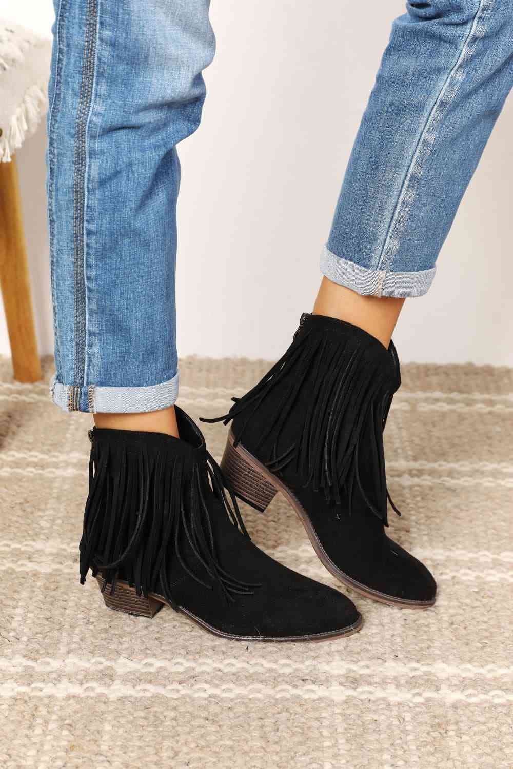 Faux Suede Legend Women's Fringe Cowboy Western Ankle Boots - T - 1 COLOR -