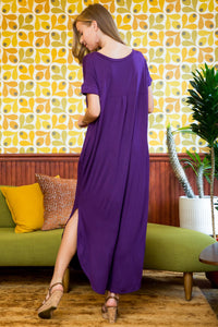 Thumbnail for Riah Fashion - Short Sleeved Side Slit Oversized V-Neck Pocket Maxi Dress - 11 COLORS