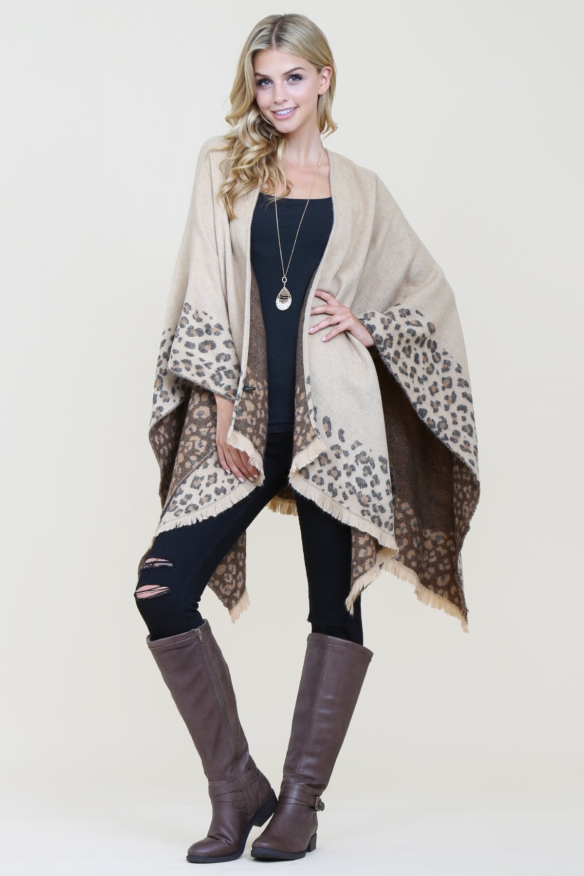 Riah Fashion - Brown Leopard Print Shawl Cardigan - 1 COLOR -