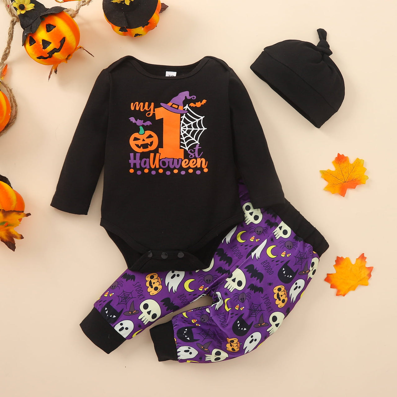 MY FIRST HALLOWEEN Graphic Round Neck Bodysuit and Printed Long Pants Set with Hat - 3 PCS. - T - 1 COLOR -