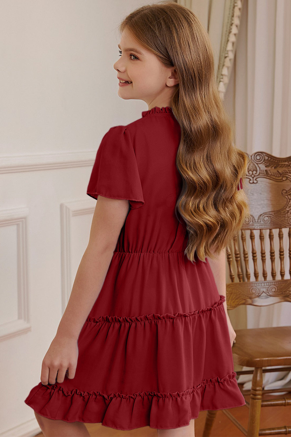 Girls Frilled Notched Neck Puff Sleeve Dress - T - 5 SIZES - 1 COLOR -