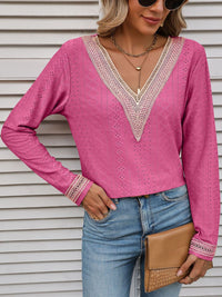 Thumbnail for Contrast V-Neck Eyelet Long Sleeve Top - T - 7 COLORS -