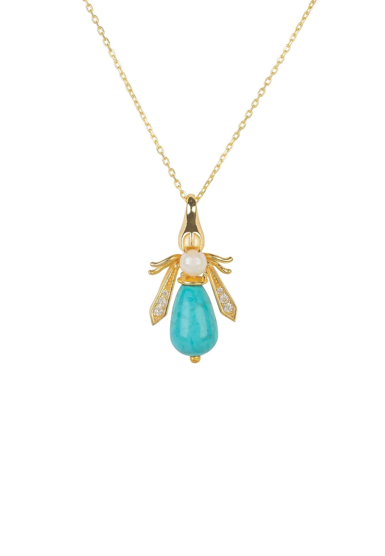 LATELITA - Turquoise & Pearl Gemstone Bee Pendant Necklace Gold -