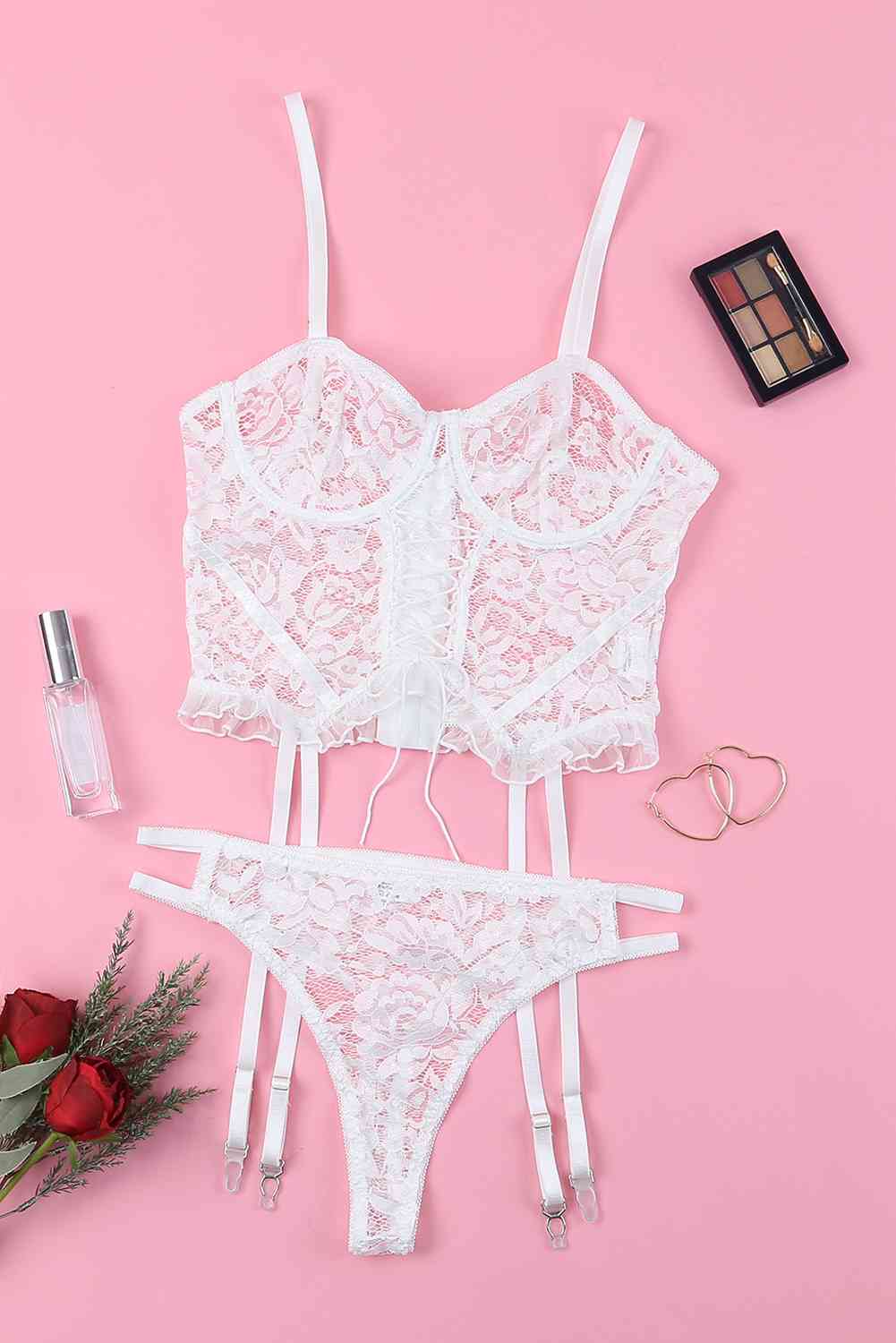 Lace-Up Frill Trim Lingerie Set - T - 2 PCS. - 1 COLOR -