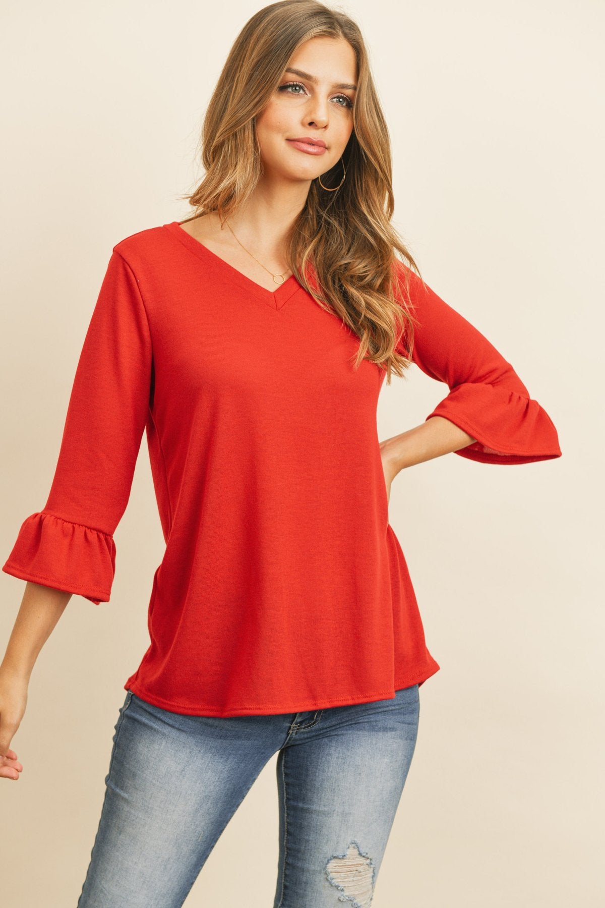 Riah Fashion - Solid Bell Sleeve V-Neck Top - 5 COLORS -