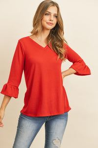 Thumbnail for Riah Fashion - Solid Bell Sleeve V-Neck Top - 5 COLORS -