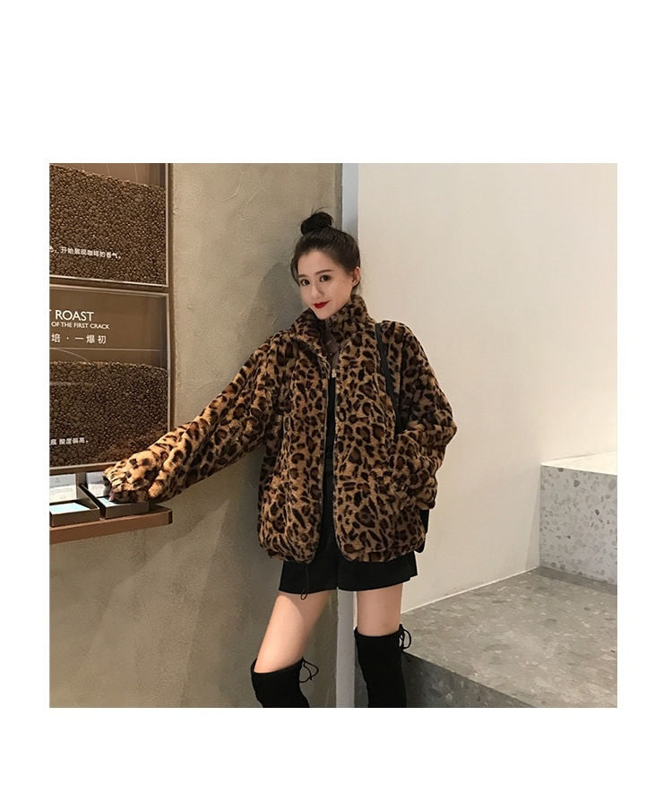 Sharon Tatem - Winter Leopard Print - Stand Collar - Warm Parka - Loose Faux Fur -