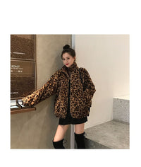 Thumbnail for Sharon Tatem - Winter Leopard Print - Stand Collar - Warm Parka - Loose Faux Fur -