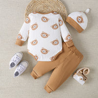 Thumbnail for Bear Print Bodysuit and Joggers Set with Hat - 3 PCS - T - 1 COLOR -