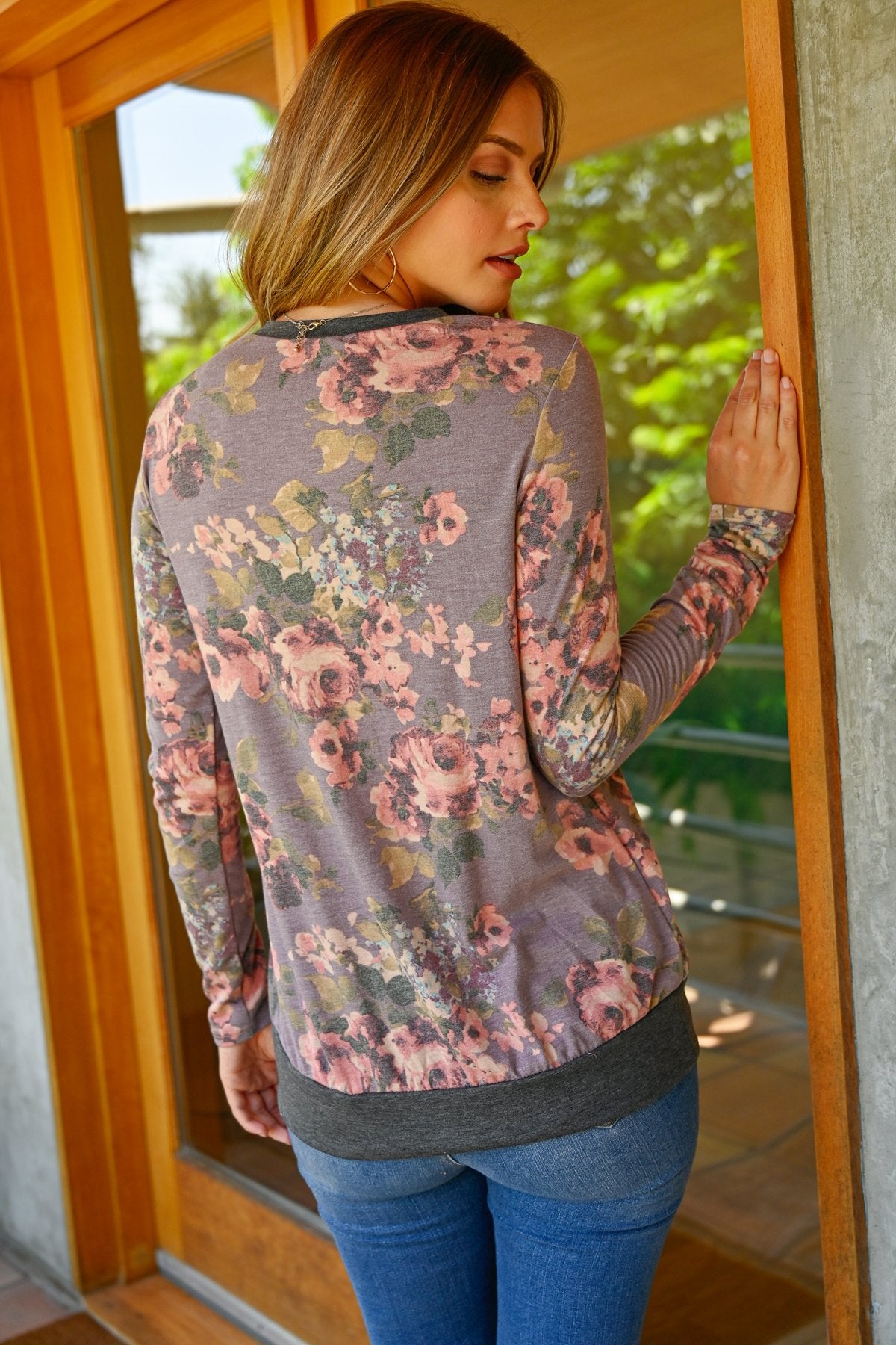 Riah Fashion - Button Detail Long Sleeved Floral Print Top - 2 COLOR COMBOS -