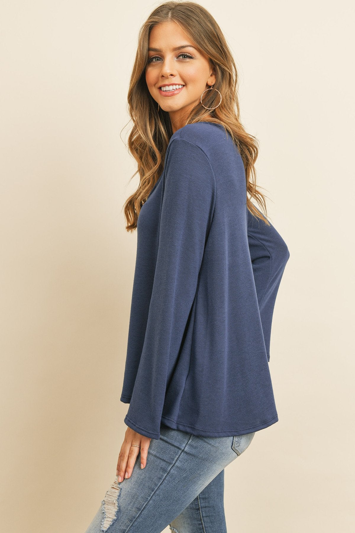 Criss Cross Neck Long Sleeve Hacci Top - 5 COLORS -