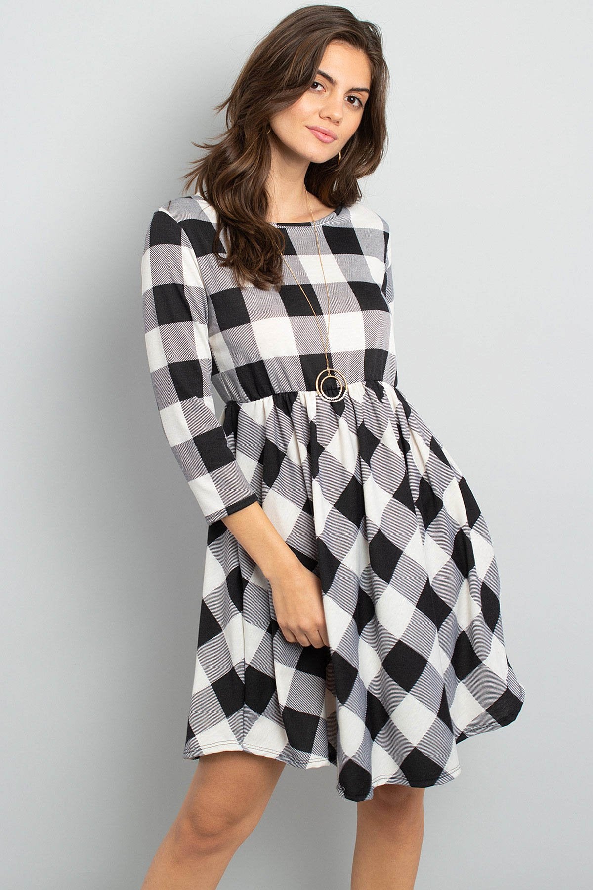 Riah Fashion - Cinch Waist Quarter Sleeves Plaid Dress - 3 COLORS -