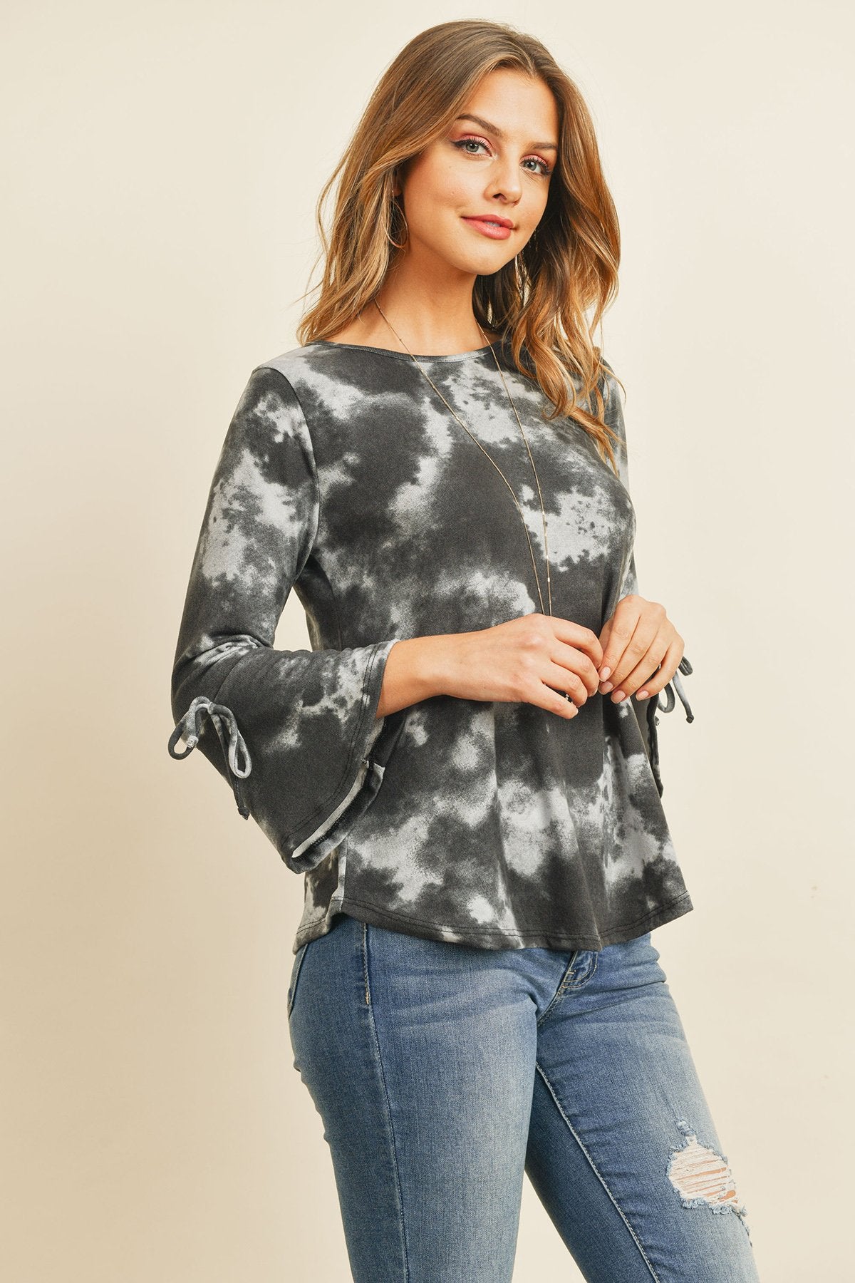 Riah Fashion - Tie Dye Bell Sleeved Ribbon Detail Swing Top - 3 COLORS -