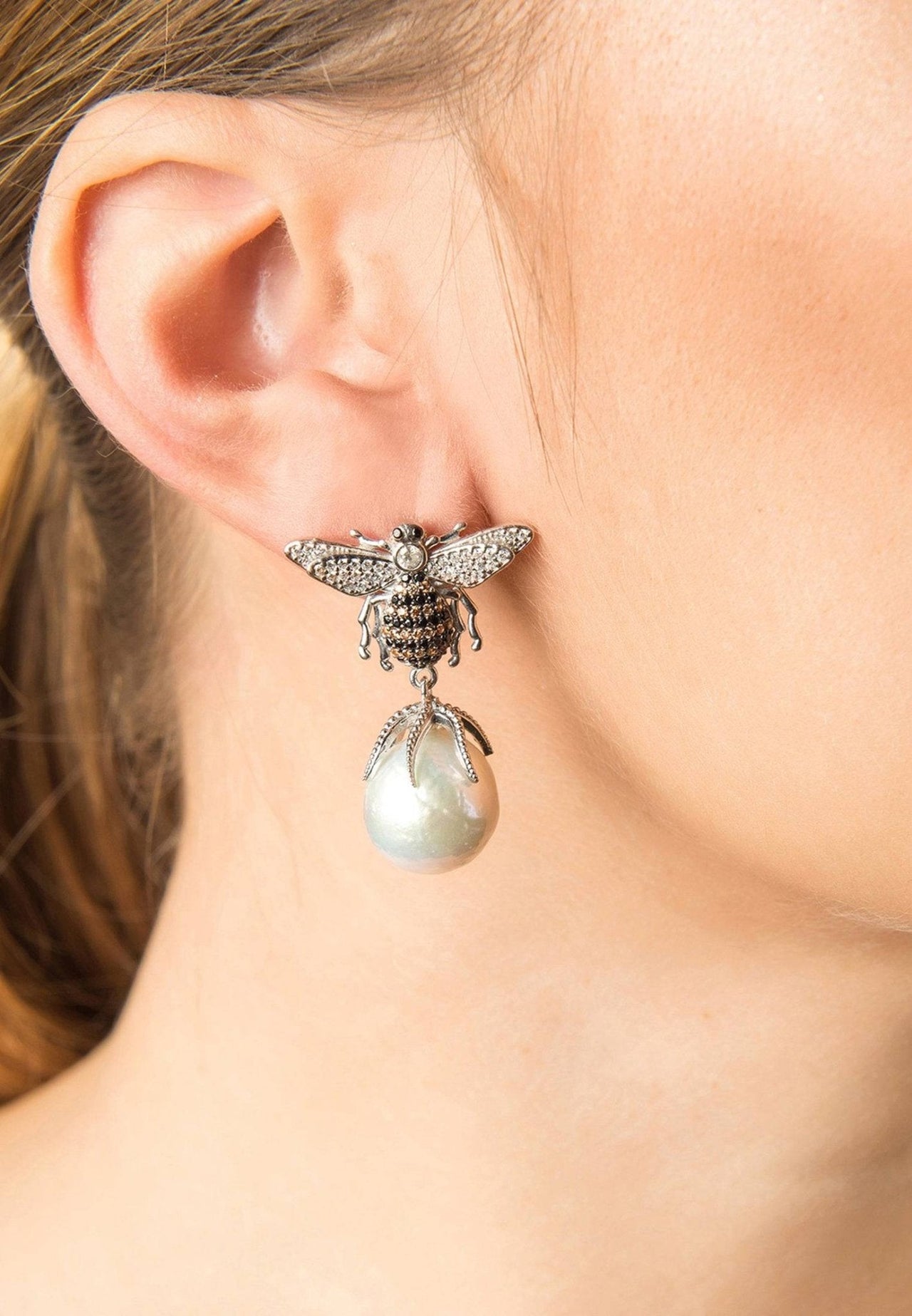 LATELITA - Baroque Pearl Honey Bee Drop Earrings Silver -