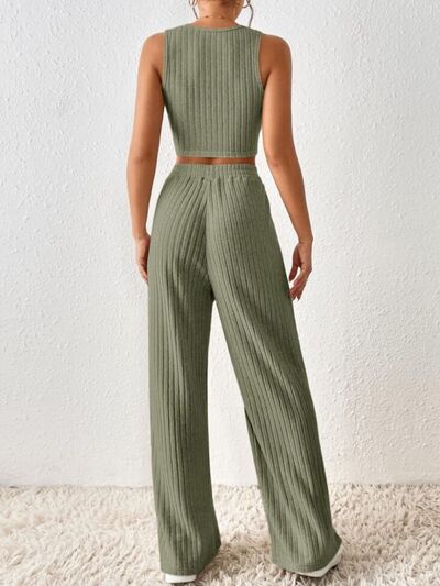 Ribbed Round Neck Tank and Pants Cropped Sweater Set - 2 PCS. - T - 5 COLORS -