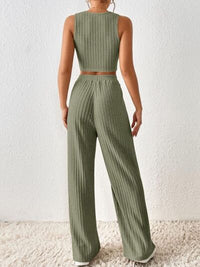 Thumbnail for Ribbed Round Neck Tank and Pants Cropped Sweater Set - 2 PCS. - T - 5 COLORS -