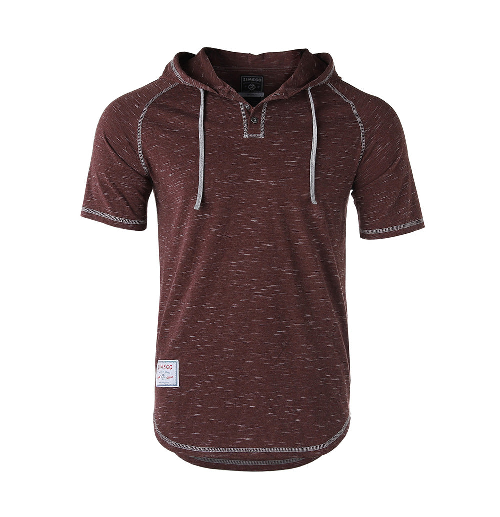 Short Sleeve Raglan Henley Hoodie Round Bottom Semi Longline T-Shirt - 1 COLOR