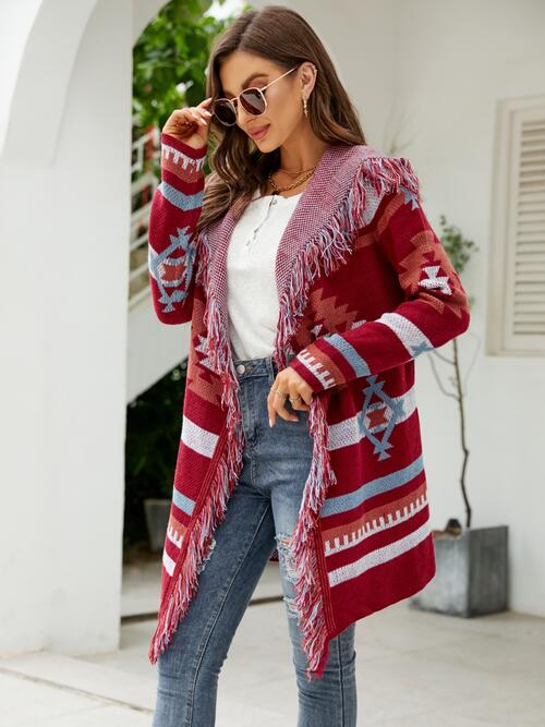 Fringe Geometric Hooded Long Sleeve Cardigan - T - 2 COLORS -