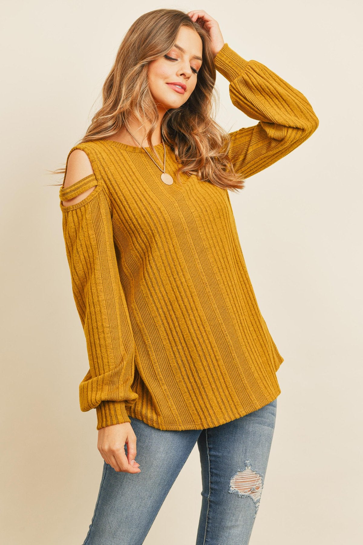 Riah Fashion - Ladder Open Shoulder Long Sleeved Rib Detail Top - 4 COLORS -