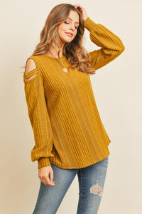 Thumbnail for Riah Fashion - Ladder Open Shoulder Long Sleeved Rib Detail Top - 4 COLORS -