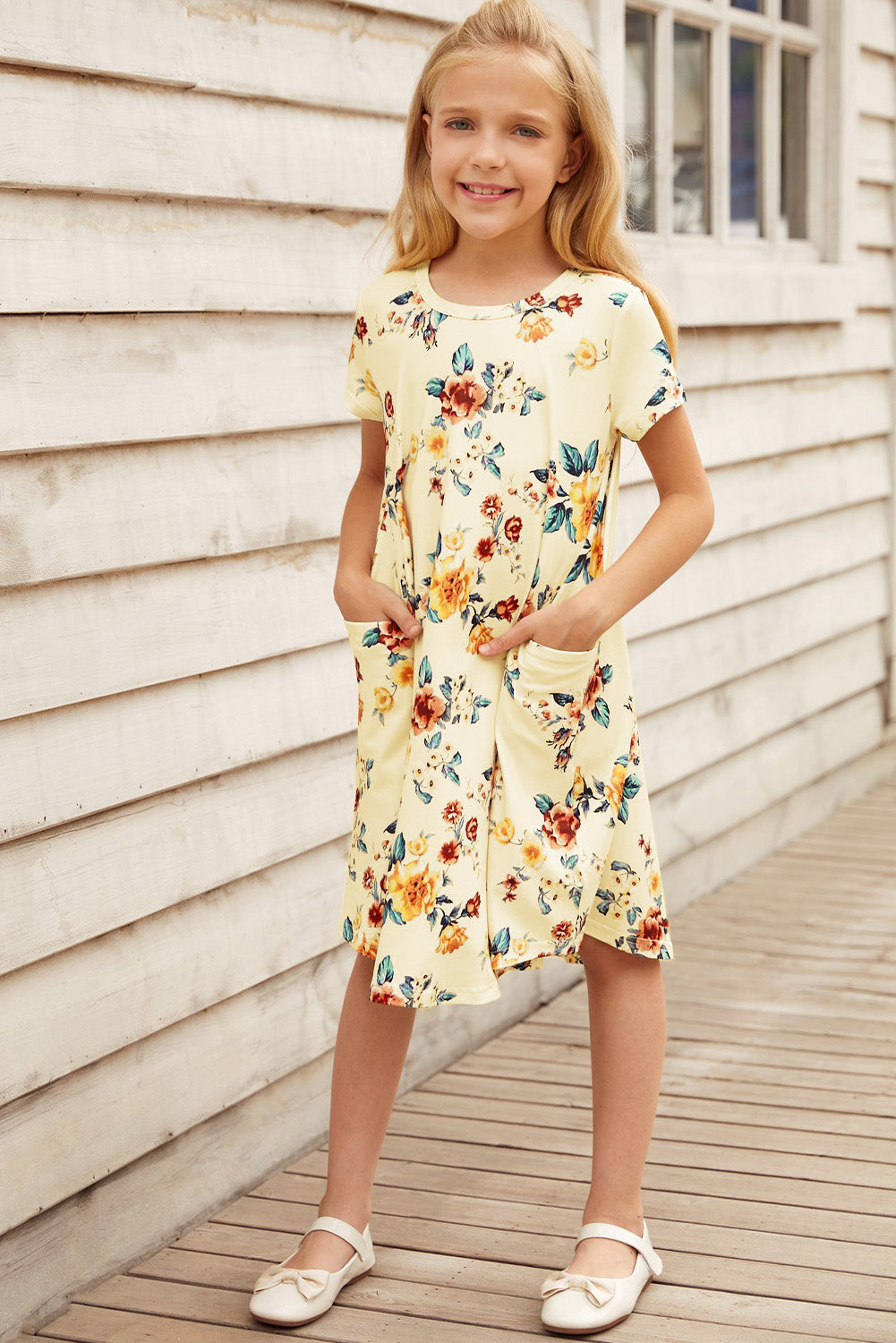 Girls Floral Round Neck Short Sleeve Dress with Pockets - T - 4 SIZES - 2 COLORS -