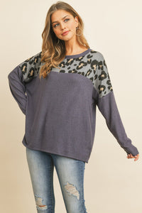 Thumbnail for Riah Fashion - Long Sleeve Leopard Contrast Hacci Brushed Top - 3 COLORS -