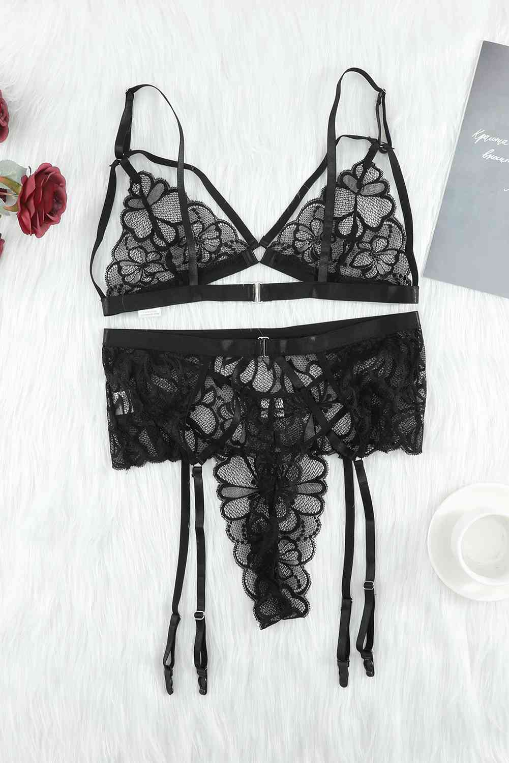 Strappy Three-Piece Lace Lingerie Set - 3 PCS. - T - 1 COLOR -