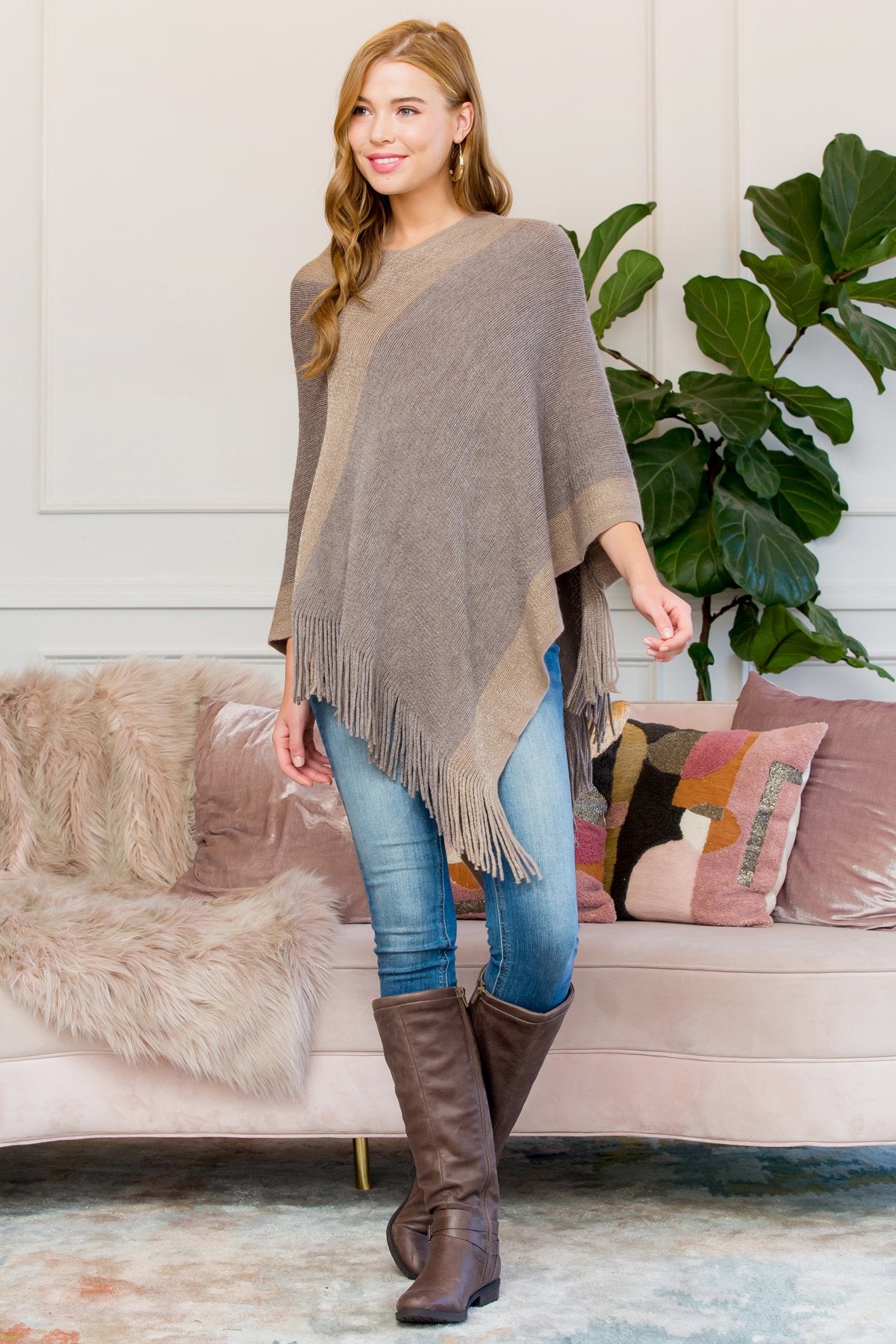 Riah Fashion - Beige Ultra Soft Two Tone Fringe Poncho - 1 COLOR -