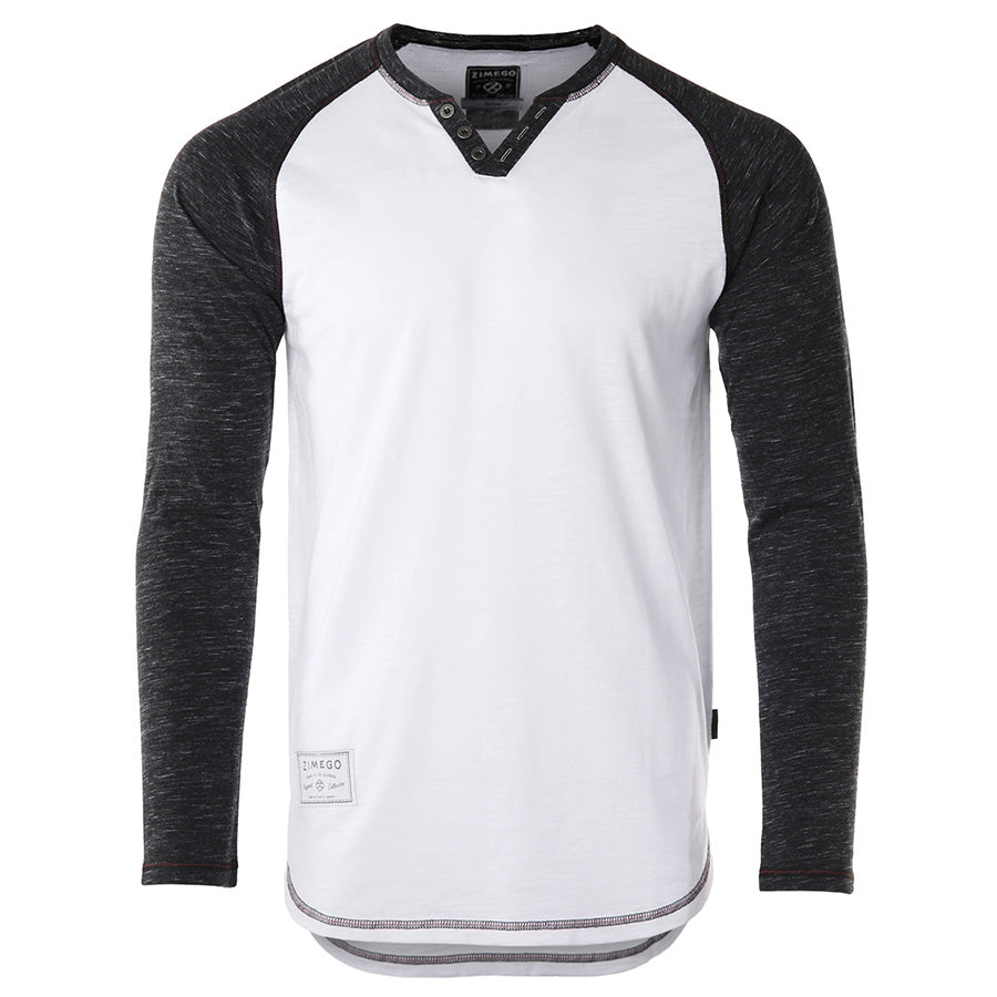 Long Sleeve Contrast Raglan Henley V-Neck T-Shirts - 1 COLOR