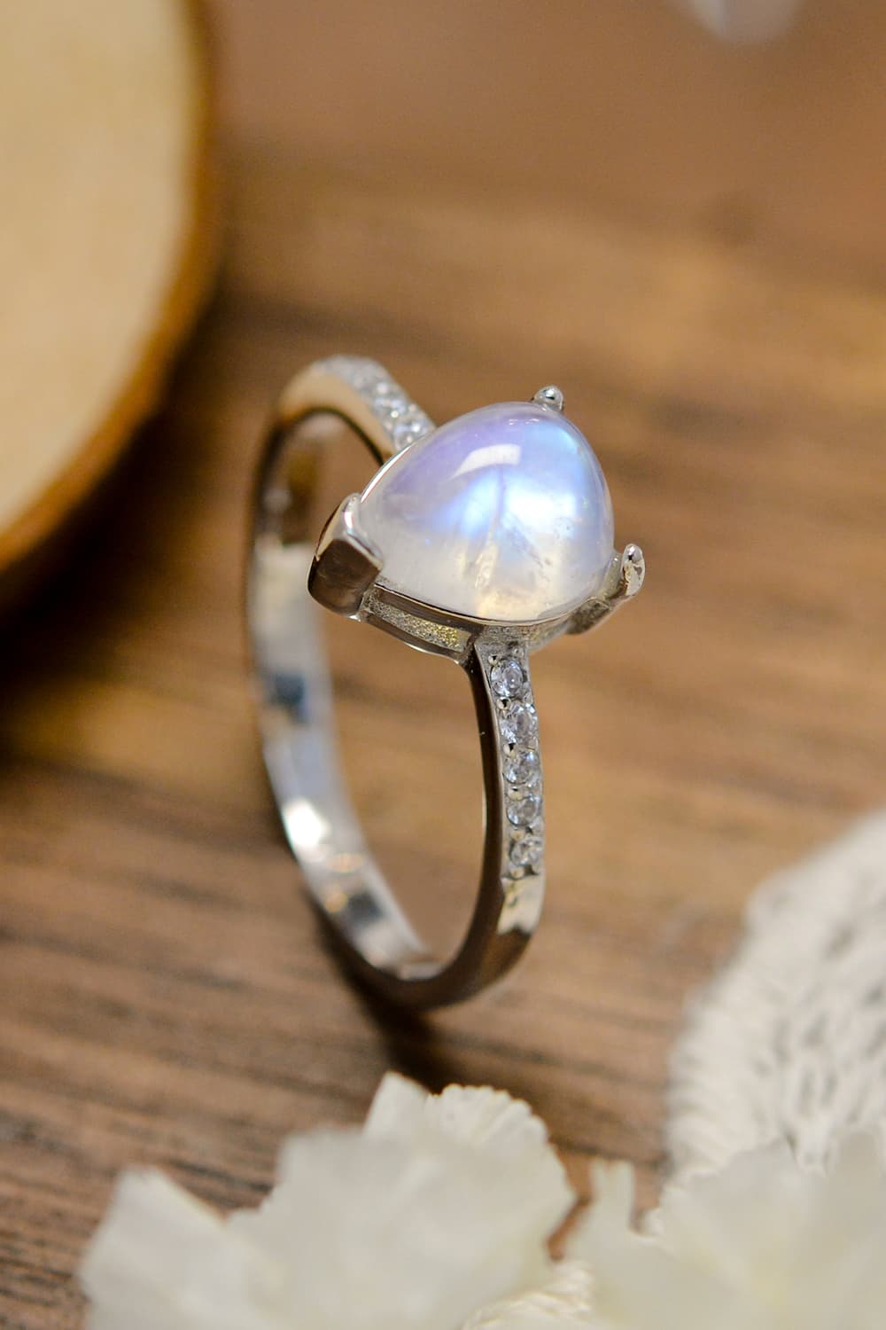 Natural Moonstone Teardrop Side Stone Ring - T - SIZES 6 THRU 9 -