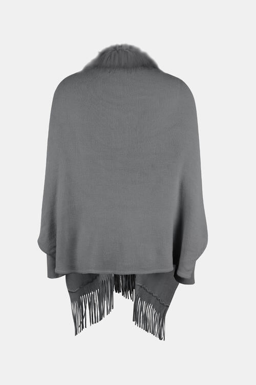 Fringe Open Front Long Sleeve Poncho - 1 SIZE - T - 6 COLORS -