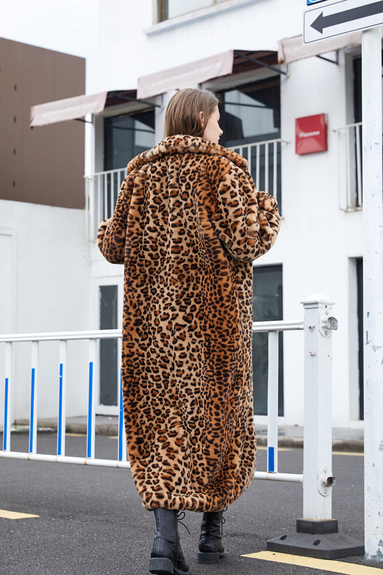 Sharon Tatem - Faux Fur - Leopard Print - Rabbit Tailored Collar - Warm Thick X-Long Coat Long Sleeve Jacket -