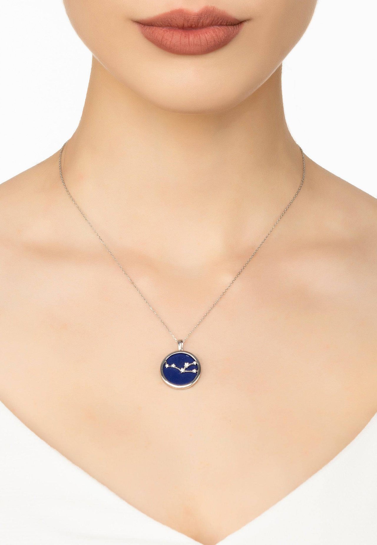 Zodiac Lapis Lazuli Gemstone Star Constellation Pendant Necklace Silver Taurus -