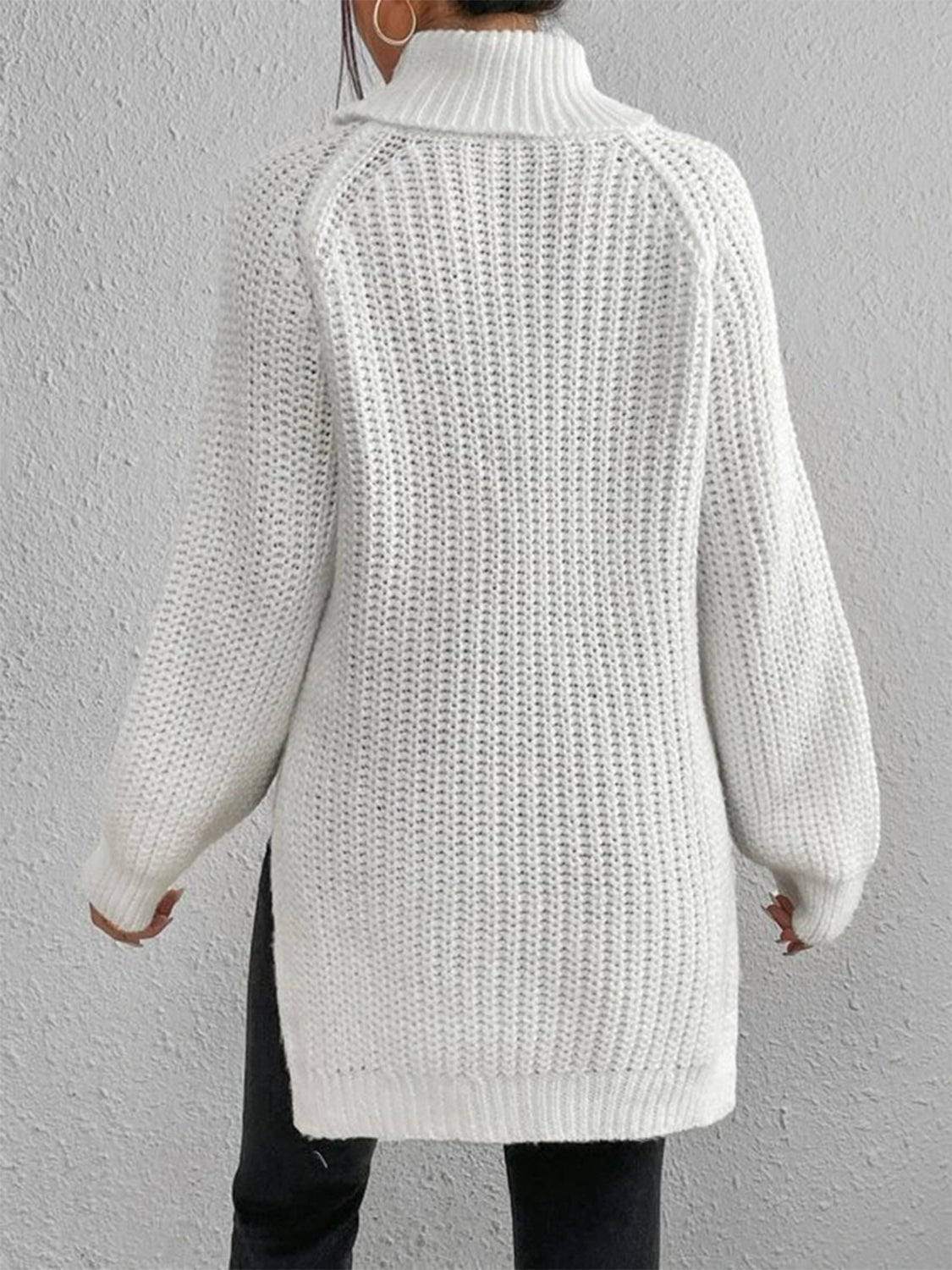 Full Size Turtleneck Rib-Knit Slit Sweater - T - 12 COLORS -