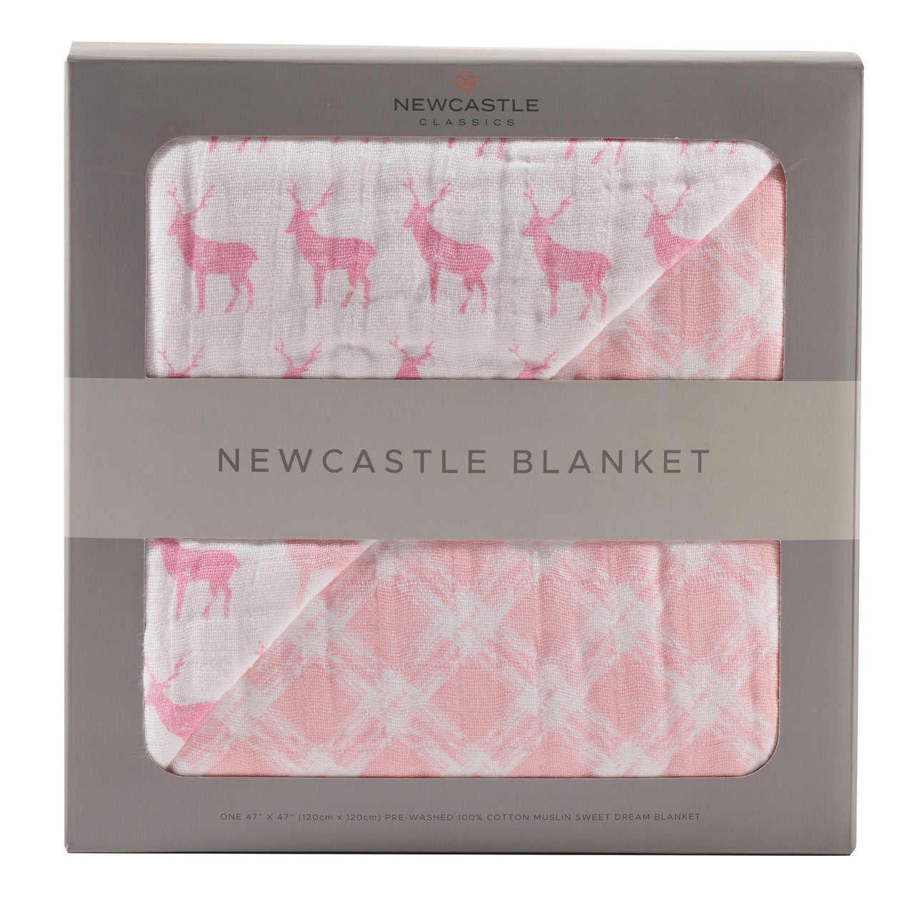 Pink Deer and Primrose Pink Plaid Cotton Muslin Newcastle Blanket -