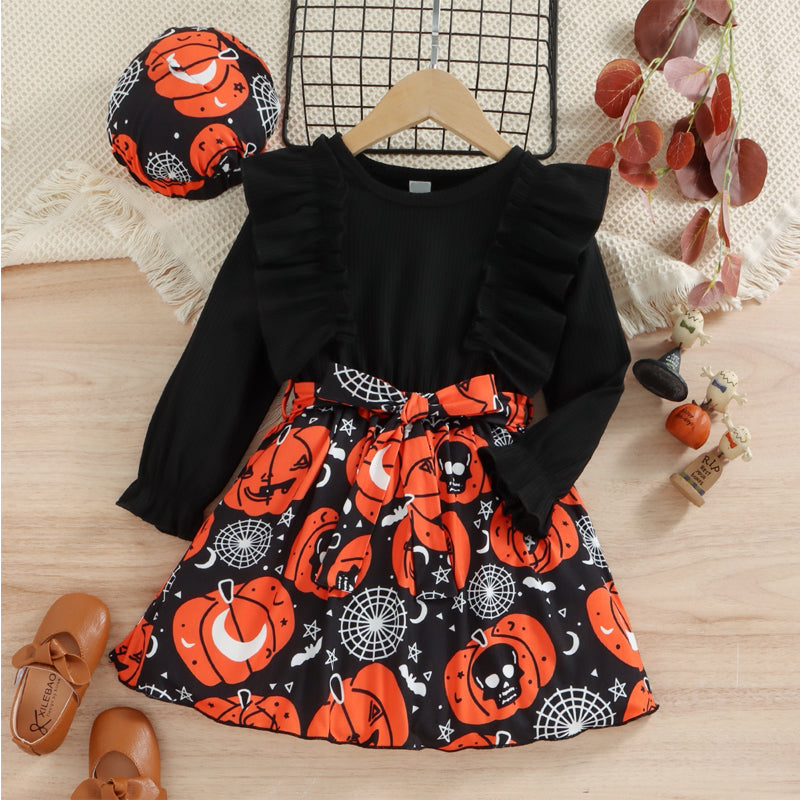 Halloween Theme Bow Front Round Neck Dress - SIZES 4T THRU 7 - T - 1 COLOR -