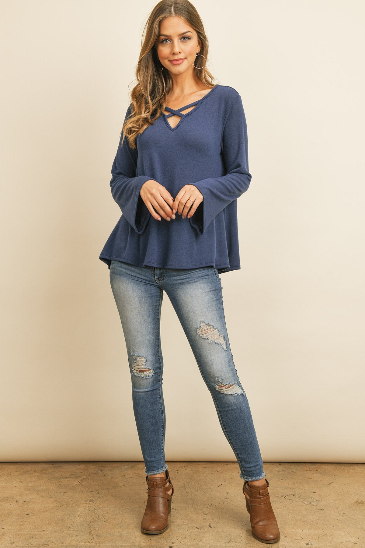 Criss Cross Neck Long Sleeve Hacci Top - 5 COLORS -