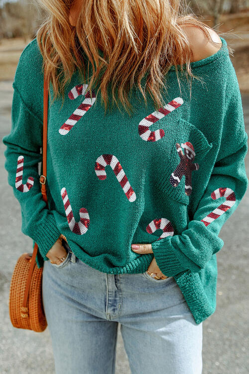 Sequin Candy Cane Long Sleeve Sweater - T - 1 COLOR -