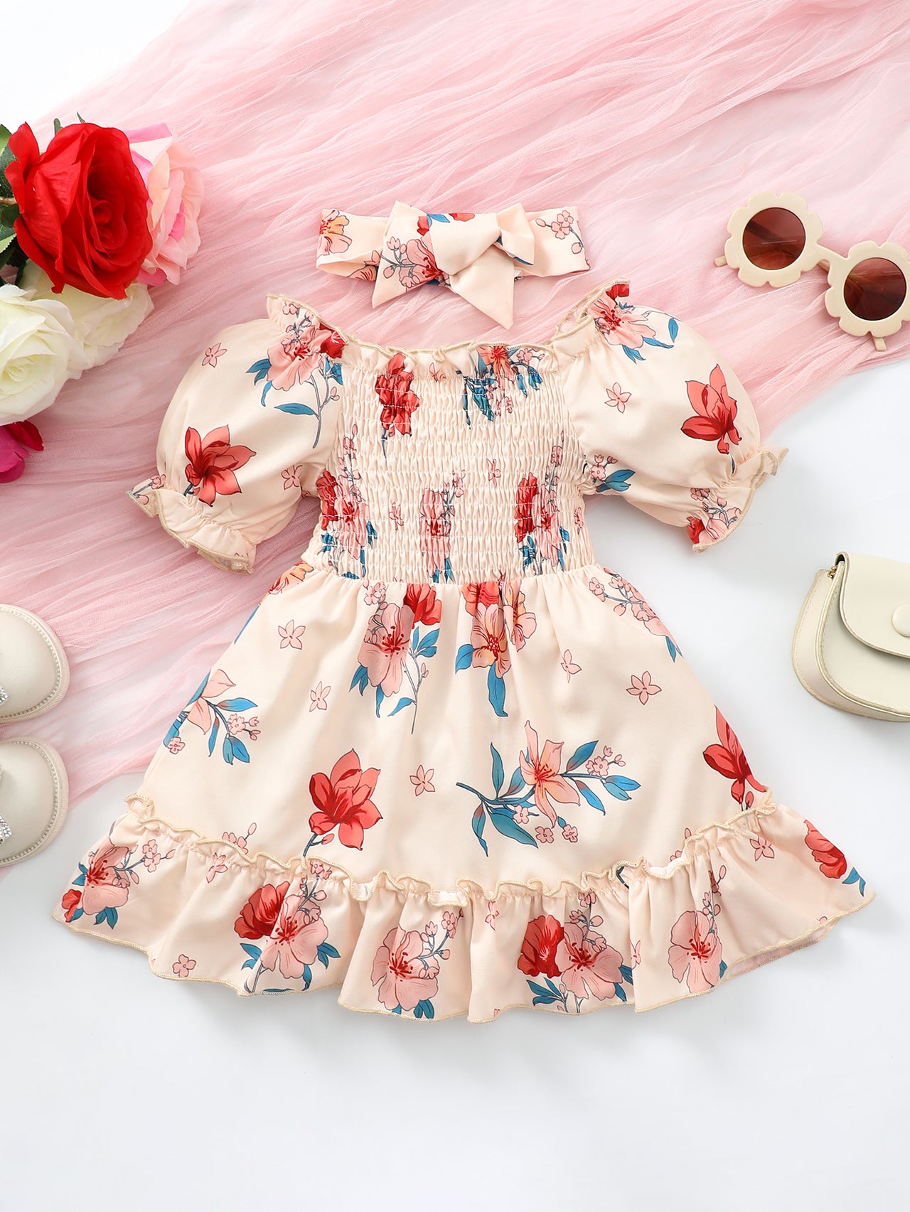 Baby Girl Floral Smocked Frill Trim Dress with Headband - T - 5 SIZES - 1 COLOR -