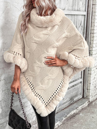 Thumbnail for Faux Fur Trim Cable-Knit Poncho - T - 1 COLOR -