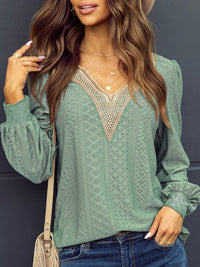 Thumbnail for Eyelet V-Neck Long Sleeve Blouse - T - 7 COLORS -