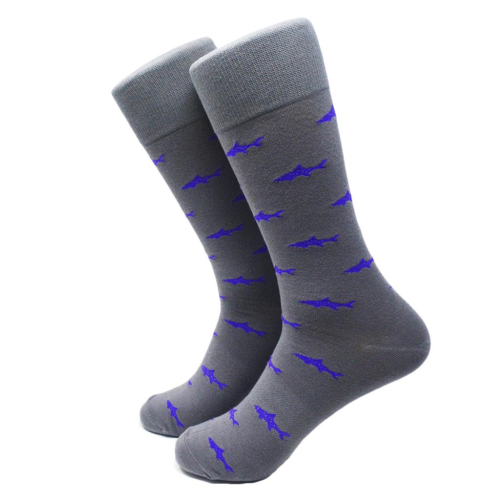 Summer Ties - Shark Socks - Men's Mid Calf - Purple on Gray - 1 COLOR -