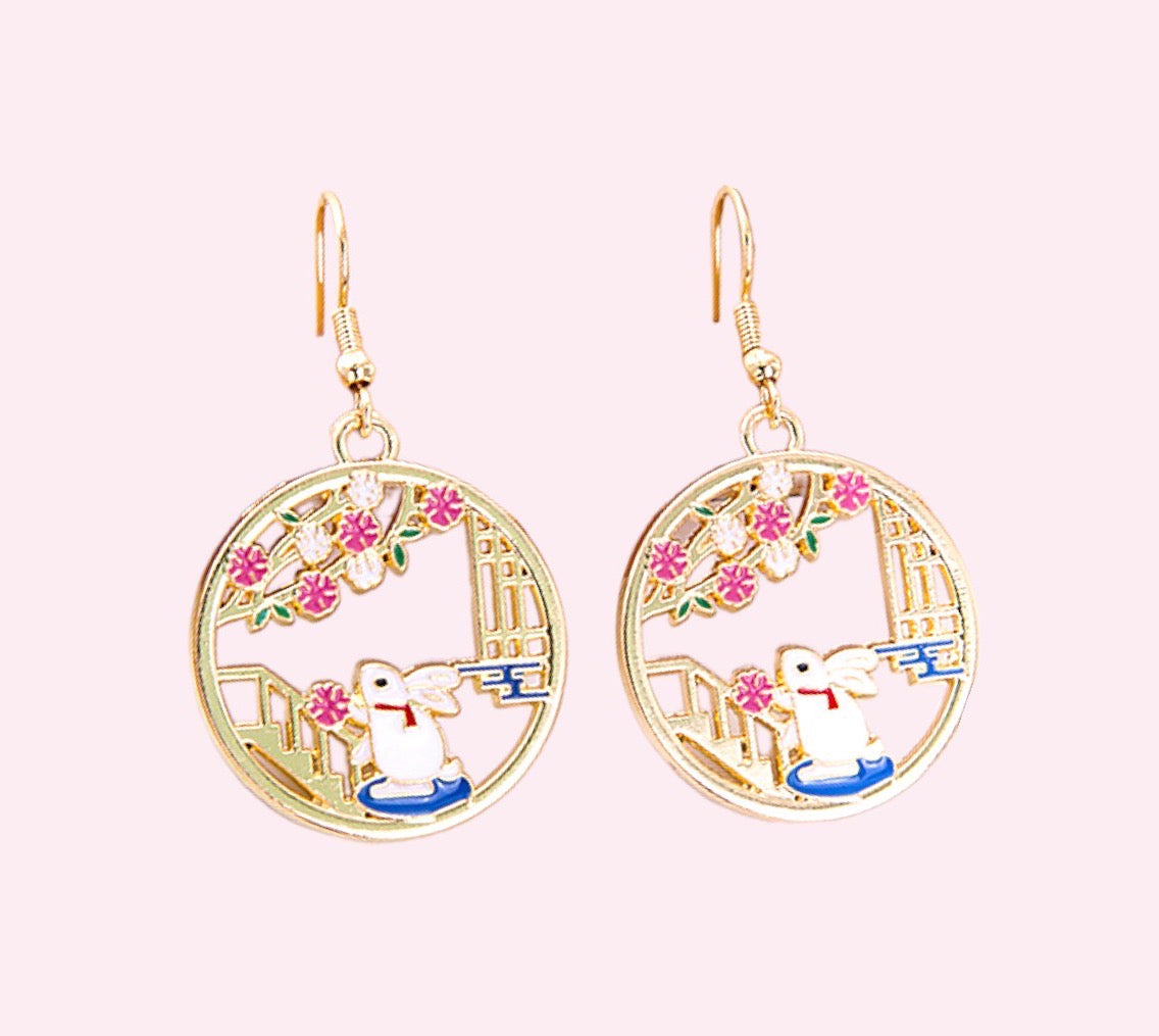 Floral Rabbit Earring, Minimalist Earrings |  Handmade Jewelry | Dangle Earrings Spring Summer Jewelry -